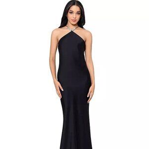 Betsy & Adam Size 10 Black Pavé-Bead Rhinestone Satin Halter Ball Gown Dress NWT